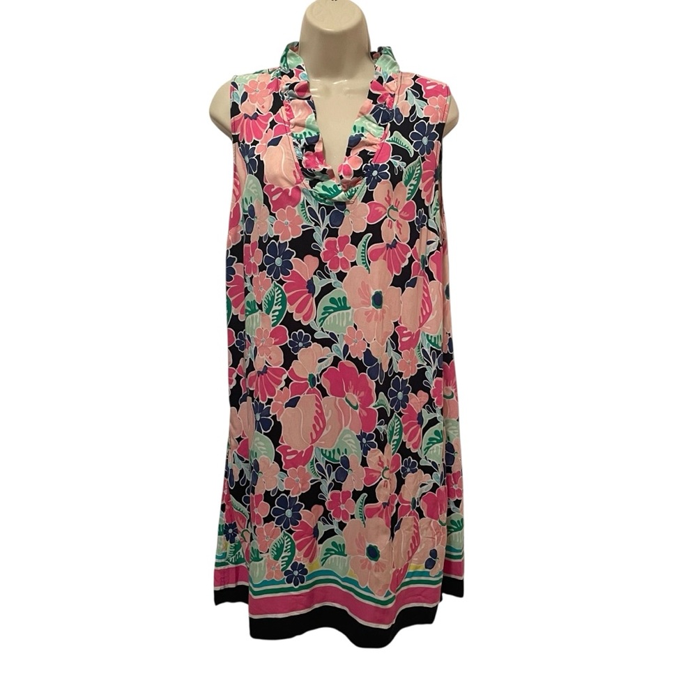 Crown & Ivy Tropical Floral Shift Dress Ruffle Neckline 100% Rayon size Large